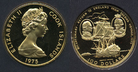 Cook Islands 1975 $100 Gold Coin Cook's Voyage Bicentennnial