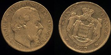 1879 Charles III - 20 Francs Monaco Fine Gold Coin