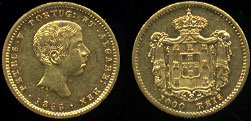 1855 Pedro V - 1,000 Reis Almost Uncirculated Gold Coin
