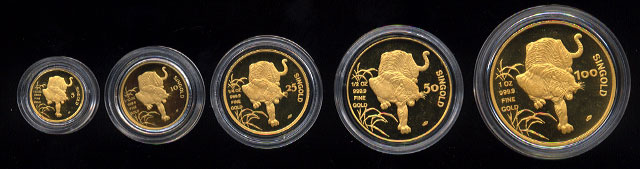 1986 Singapore year of the Tiger Tiger 5-piece gold coin set