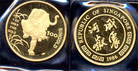 1986 Singapore year of the Tiger one ounce gold coin