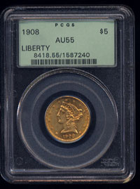 1908 $5.00 Liberty Head Gold Coin PCGS AU-55