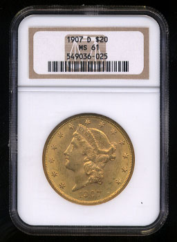 1907-D $20 Liberty Head Gold Coin NGC MS-61