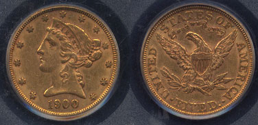 1900 $5.00 Liberty Head Gold Coin PCGS AU-53