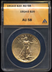1914 D $20 St. Gauldins Gold Coin ANACS AU-58