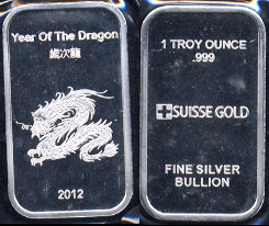 2012 Year of the Dragon 1 Troy Ounce of .999 Fine Silver Silver Art Bar