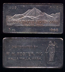 F C-14 (1968) Consolidated Silver Corp 3 Ounce Silver Ingot Serial #938