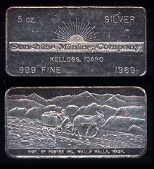 F C-15 (1969) Sunshine Mining Company 3 ounce Silver Bar Serial# 641