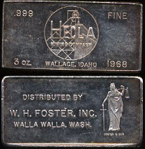 F C-11 (1968) Hecla Mining Company Wallace, Idaho 3 Ounce Ingot Serial #698