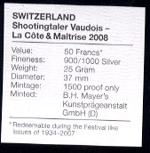 Vaudois 50 Franc 2008 Coin La Cote & Maitrise Switzerland Shootingaler (Shooting Festival) Silver Coin
