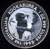 1993 Kookaburra 1oz .999 fine silver Australian Kookaburra