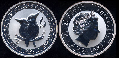 Australian Kookaburra 2 oz of .999 Fine Silver 2001 2 Dollar Round Silver Round