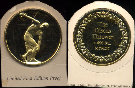 The Discus Thrower 450 B.C. Myron Limited First Proof Edition 24K Gold Electroplate over .925 Sterling Silver 2 Ounces