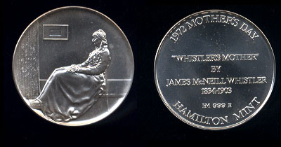 HM 1972 Mothers Day,Whistlers Mother 1 and 1/4 oz .999 Silver Silver Round