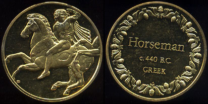 Horseman Greek c. 440 B.C. 24K Gold-Plated Sterling Silver 51mm 66 Grams Franklin Mint Sterling Silver Round