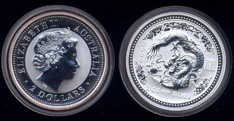 2000 Year of the Dragon Series I 2 Ounce .999 Fine Silver Australian Silver Round