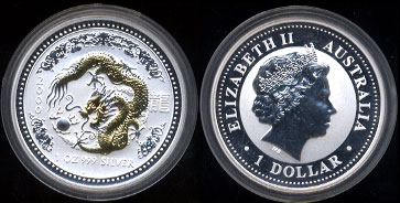 2000 Year of the Dragon Series I Gilded Silver Round 1 Oz