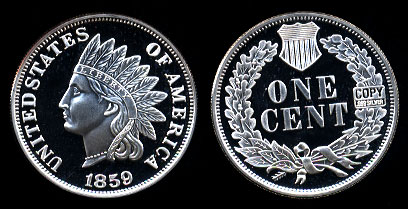 1859 Indian Head Cent Copy 2 Ounces Pure Silver