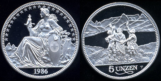1986 5 Unzen Switzerland 5 Ounces of .999 Fine Silver Round