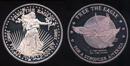 1985 Free The Eagle 5th Anniversary 1980 - 1985 "For a Stronger America" Silver Round
