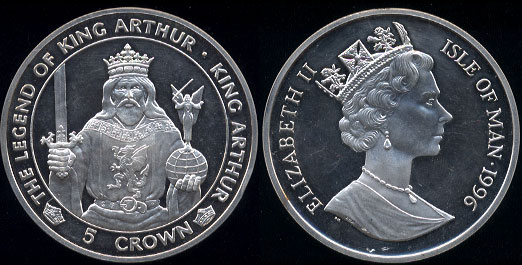 1996 Isle Of Man Queen Elizabeth II The Legend of King Arthur 5 Crown 5 Ounces of .999 Fine Silver Round