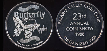  Pajaro Valley Coin Club 23rd Annual Show 1988 "Butterfly, California, Apples" Organized in 1958 Silver Round