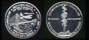 Redwood Empire Coin Club First Flight Airmail 50th Anniversary Hong Kong to San Francisco April 26, 1937 Silver Round