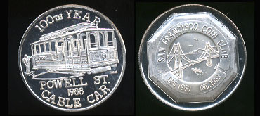 San Francisco Coin Club 1988 100th Year Powell St. Cable Car Silver Round