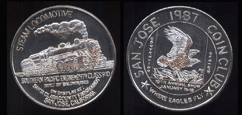 San Jose Coin Club's 19th Annual Show 1987 Southern Pacific Engine #2479 Class P-10 San Jose, California Silver Round