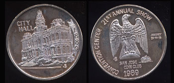 San Jose Coin Club's 21st Annual Show 1989 City Hall Silver Round