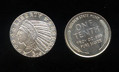 Golden State Mint 1/10 th Oz. .999 Fine Silver Indian Head Design