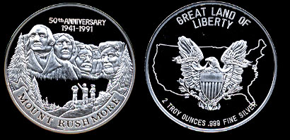 Proof Mount Rushmore 50th Anniversary 1941-1991 Two Troy Ounce Silver Art Round