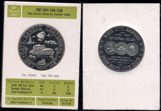 Fort Hays Coin Club Centennial Souvenir Dollar Hays City, Kansas 1867 - 1987 Sterling Silver Round
