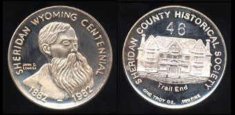 1982 Sheridan, Wyoming Centennial Commemorative Sheridan County Historical Society Silver Round