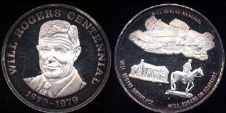 Will Rogers Centennial 1879-1979 Memorial Birthplace Rogers on Soapsuds Silver Round