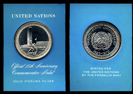 1970 The Official United Nations 25th Anniversary 1 1/2 inch Sterling Silver Medal in Lucite Holder
