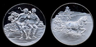 Franklin Mint Sterling Silver Proof Ice Skaters & One Horse Sleigh Art Round