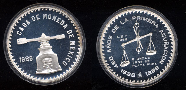 1986 5 Ounce onza commemorating the 450th Anniversary of the Mexican Mint in Mexico City