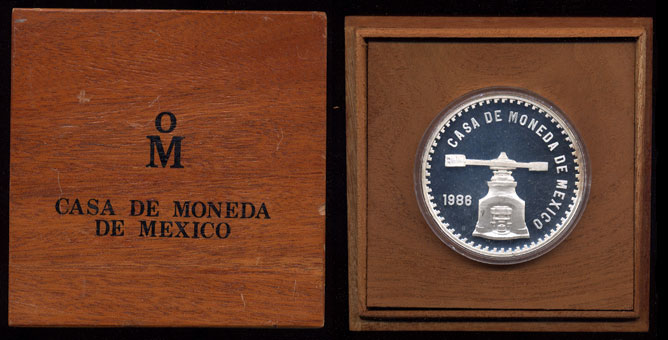 1986 5 Ounce onza commemorating the 450th Anniversary of the Mexican Mint in Mexico City