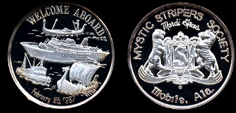 1987 Proof Welcome Aboard Mystic Stripers Society Mardi Gras Mobile, Alabama Silver Round
