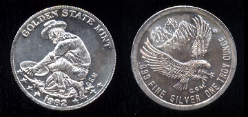 Golden State Mint 1982 Prospector One Troy Ounce .999 Fine Silver