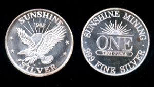 Sunshine Mining 1982 One Troy Ounce Silver Round