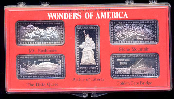 Mt. Rushmore, Stone Mountain, the Golden Gate Bridge, the Statue of Liberty and the Delta Queen silver artbars
