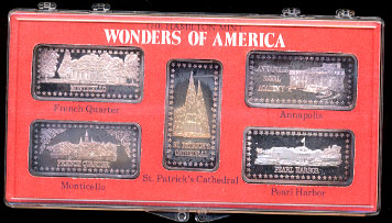  the French Quarter in New Orleans, Monticello, St. Patrick's Cathedral, Annapolis, and Pearl Harbor silver artbars