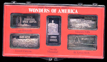 Cape Kennedy, the Grand Canyon, the Lincoln Memorial, Niagra Falls, and the St.Louis Arch silver artbars