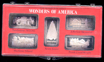 Tombstone, Az., Mackinac Island, the Sears Tower, the Jefferson Memorial, and "Falling Water", a home designed by Frank Lloyd Wright silver artbars