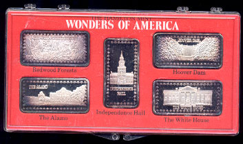 the Redwood Forests, the Alamo, Independence Hall, the Hoover Dam, and the White House silver artbars