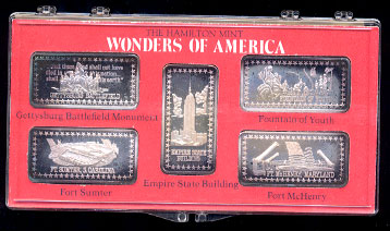 the Gettysburg Battlefield Monument, Fort Sumter, SC, the Empire State Building, the Fountain of Youth, and Fort McHenry, Md silver artbars
