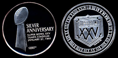 1991 25th Anniversary Super Bowl Commemorative w/ Box Silver Round