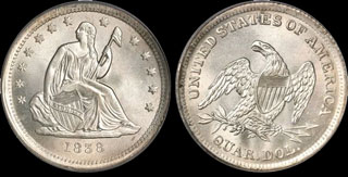 Liberty Seated Quarter Dollar Variety 1-No Motto above Eagle 1838-1853 Good Condition
